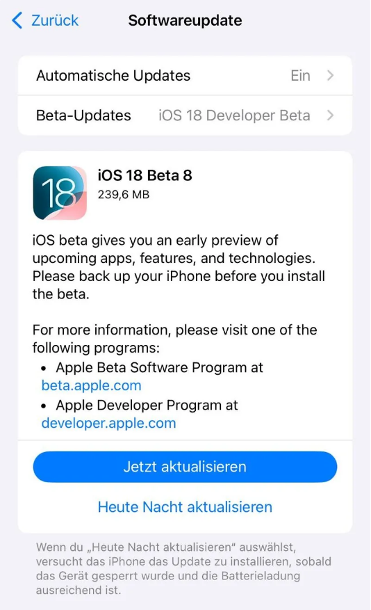 成都苹果手机维修分享苹果 iOS / iPadOS 18 开发者预览版 Beta 8 发布 